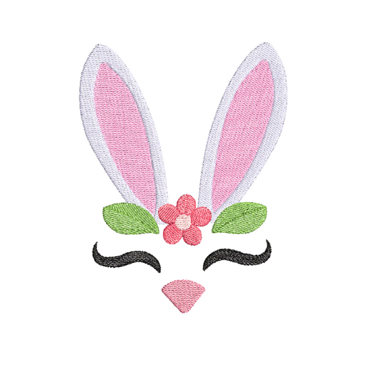 This is an image of a bunny ear silhouette machine embroidery design. The bunny ears with it's cute lashes and bunny nose is perfect for embroidery on girl's t-shirts and accessories, as well as Easter projects.