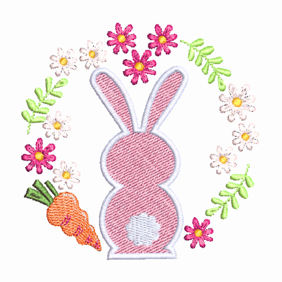 This is an image of a pink Easter bunny with a carrot and flower wreath. This bunny machine embroidery design is perfect for embroidery on items for Easter like décor, gifts, and easter hunt bags.