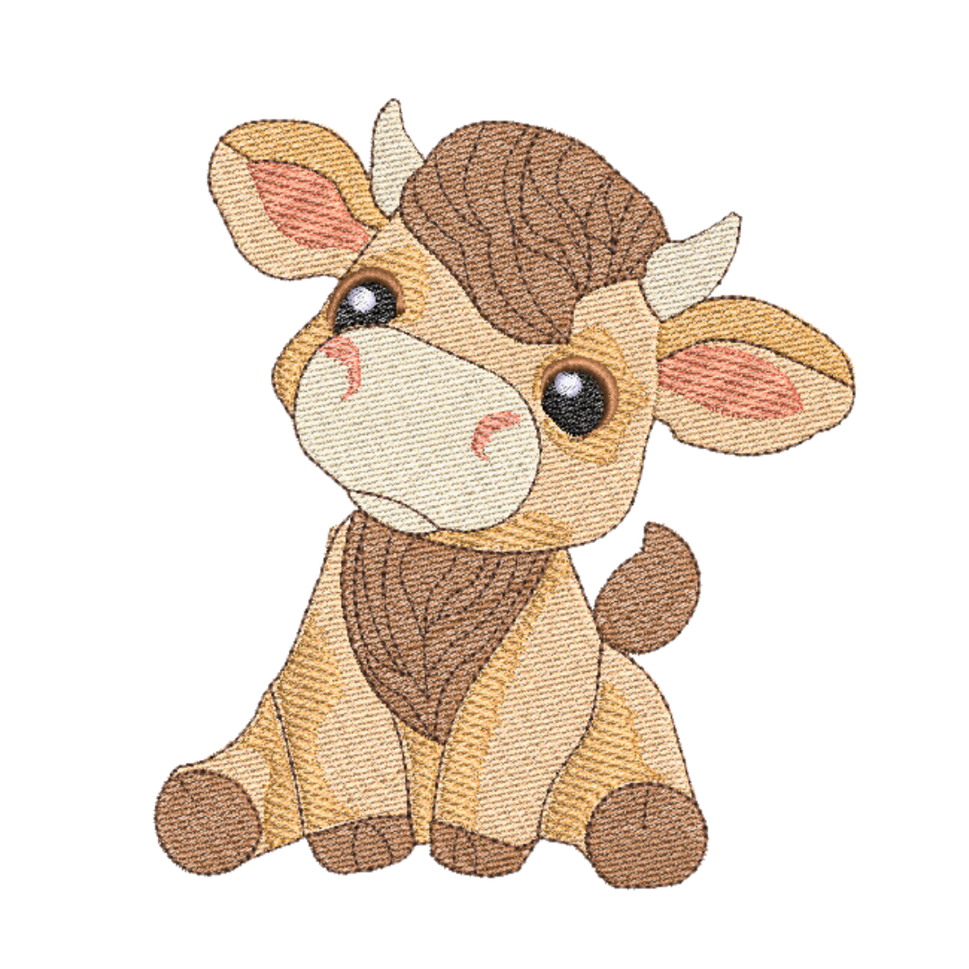 This is an image of a machine embroidering featuring an adorable baby calf. This baby calf machine embroidery design is perfect for embroidery on onesies, bibs, blankets, and burp cloths for babies. Embroider this cute calf for any farm themed baby shower.