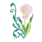 This is an image of a machine embroidery design featuring a Pink Calla Lily with Filigree leaves. This flower machine embroidery design is perfect for embroidery on towels and other home décor items like pillow cases, cushions, and tablecloths.