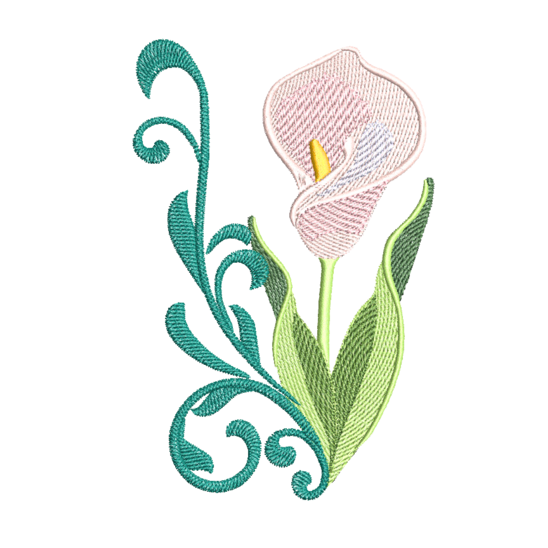 This is an image of a machine embroidery design featuring a Pink Calla Lily with Filigree leaves. This flower machine embroidery design is perfect for embroidery on towels and other home décor items like pillow cases, cushions, and tablecloths.