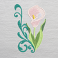 This is an image of a machine embroidery design featuring a Pink Calla Lily with Filigree leaves. This flower machine embroidery design is perfect for embroidery on towels and other home décor items like pillow cases, cushions, and tablecloths.