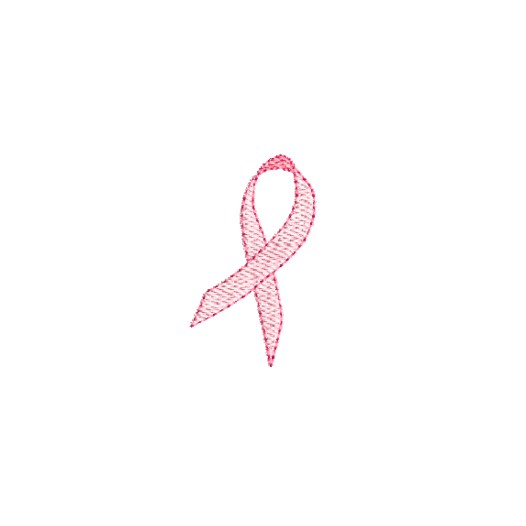 This is an image of a machine embroidery design by Stitches & Strokes, featuring a Cancer Awareness Ribbon, available in three hoop sizes. This cancer awareness ribbon machine embroidery pattern is perfect for embroidery on t-shirts and golf shirts for women.