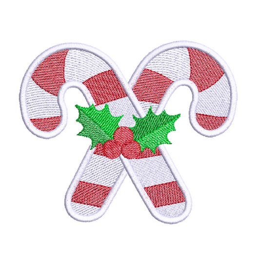 This is an image of a machine embroidery design featuring two candy canes adorned in white and red stripes with a holly spray decoration in the middle. This candy cane with holly spray machine embroidery design is perfect for embroidery on Christmas items like stockings, gift bags, and more.