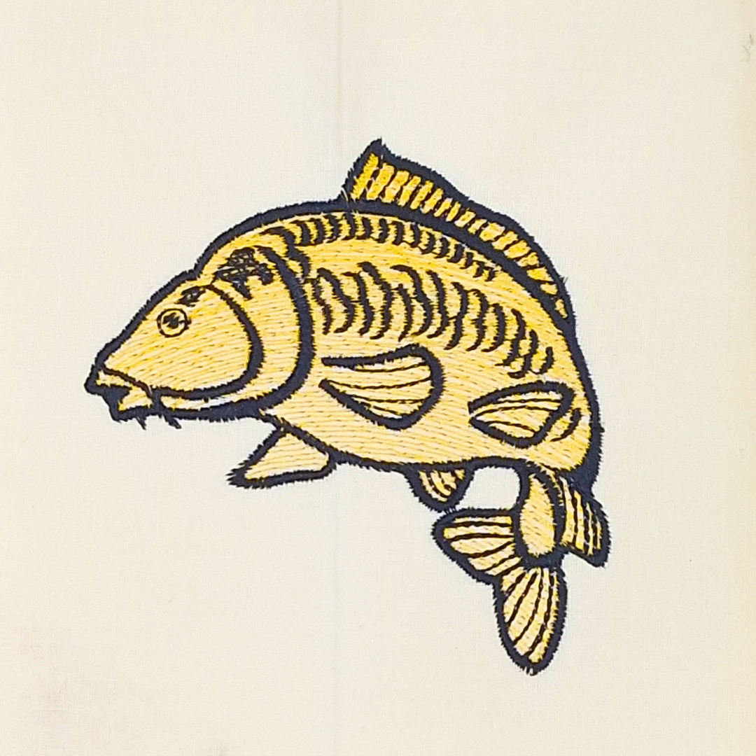 This is an image of a machine embroidery design featuring a Carp Fish. This easy carp fish machine embroidery design can be used for t-shirts, travel bags, accessories, and towels for men and boys, and is perfect for crafting Father's Day, Birthday, and Christmas Gifts.