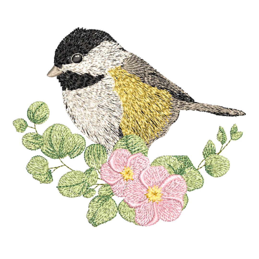 This is an image of a machine embroidery design by Stitches & Strokes, featuring a cute little Chickadee Bird on a branch with leaves and pink flowers. The Chickadee Bird Embroidery Pattern has intricate feather detail and will add exquisite detail to any item it is embroidered on. 