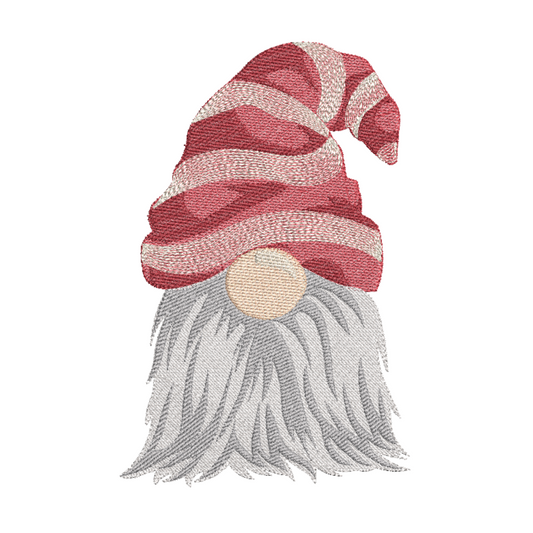 This is an image of a Gnome with a red and white striped Christmas hat machine embroidery design