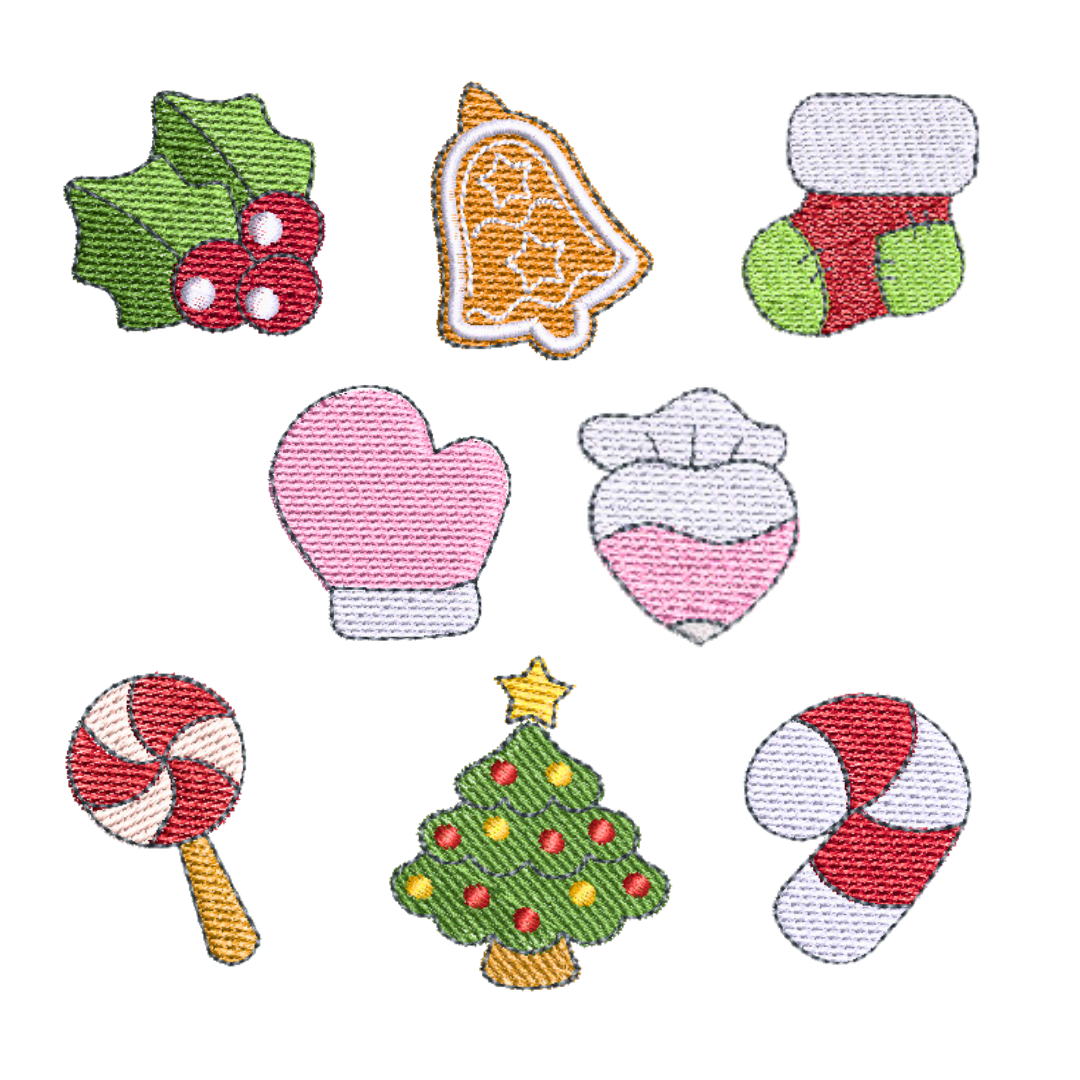 This is an image of a machine embroidery design bundle by Stitches & Strokes, featuring a collection of eight miniature Christmas designs. These Miniature Christmas machine embroidery designs include: a Holly Spray, Bell Cookie, a Stocking, oven Glove and Piping Bag, a Lollipop, Christmas Tree, and a Candy Cane. Our Miniature Christmas machine embroidery design bundle is perfect for adding a little detail to Christmas decor, and small items like serviettes.