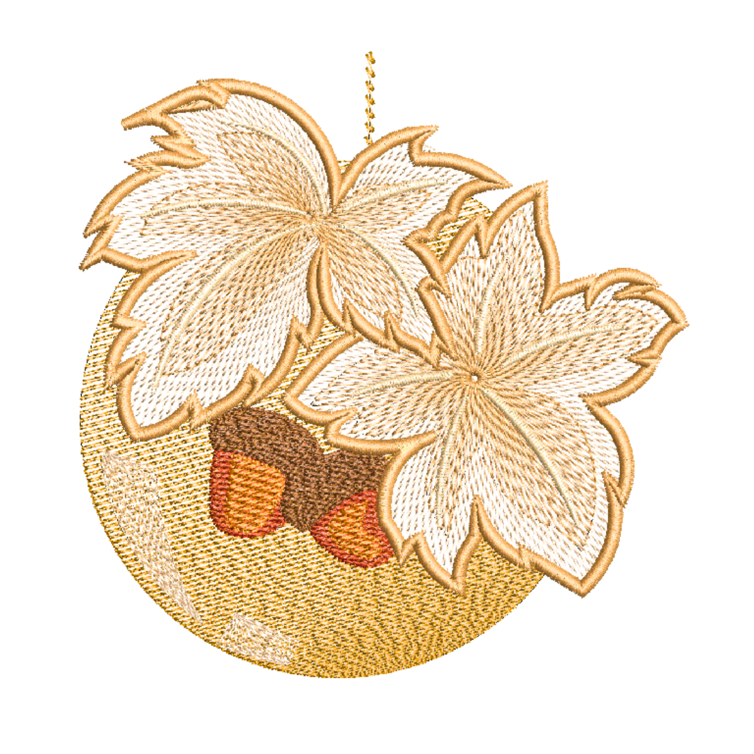 This is an image of a machine embroidery design by Stitches & Strokes, featuring a golden Christmas Ornament adorned with Autumn Leaves in beautiful autumn browns. This Christmas Ornament machine embroidery pattern is perfect for adding some sophistication to your Christmas Décor and Gifts. 