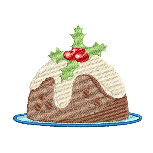 This is an image of a Christmas pudding with frosting and holly spray for decoration machine embroidery design.