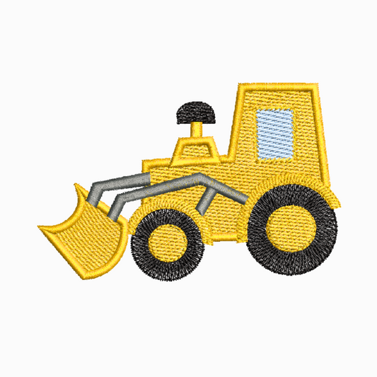 This is an image of a machine embroidery design by Stitches & Strokes, featuring a Front Loader Construction Vehicle Machine Embroidery Design. This design is perfect for embroidery on onesies, t-shirts, and accessories like travel- and school bags. 