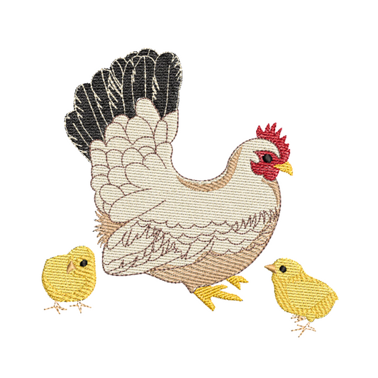 This is an image of a machine embroidery design featuring a hen in shades of browns and black with her cute yellow chicks. This chicken machine embroidery design is perfect for embroidery on aprons, tea towels, and oven mittens and will make a beautiful bridal shower gift.