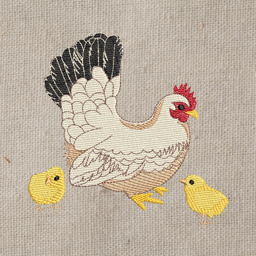 This is an image of a machine embroidery design featuring a hen in shades of browns and black with her cute yellow chicks. This chicken machine embroidery design is perfect for embroidery on aprons, tea towels, and oven mittens and will make a beautiful bridal shower gift.