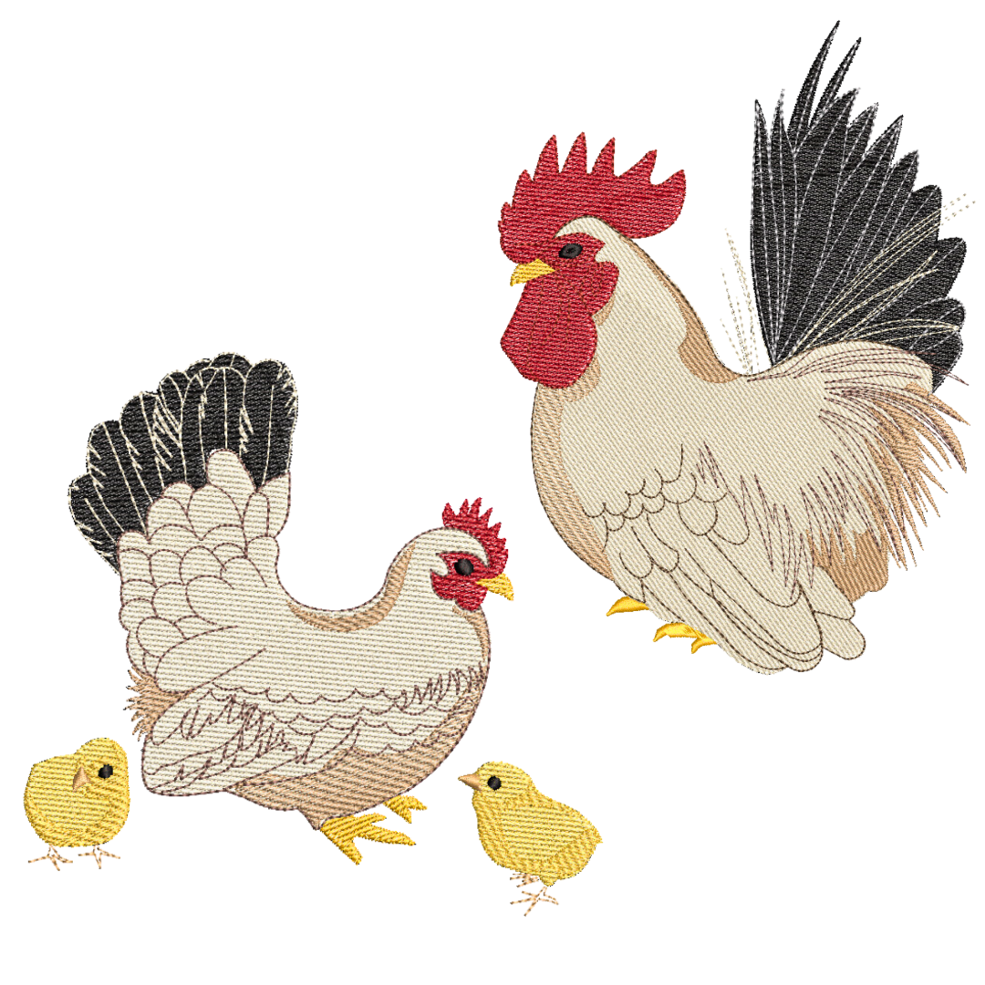 This is an image of a machine embroidery design bundle. This bundle consists of a Rooster, and Hen with chicks machine embroidery designs. These two brown and black chickens will make beautiful tea towels, oven mittens, and aprons for bridal showers and house warming gifts.