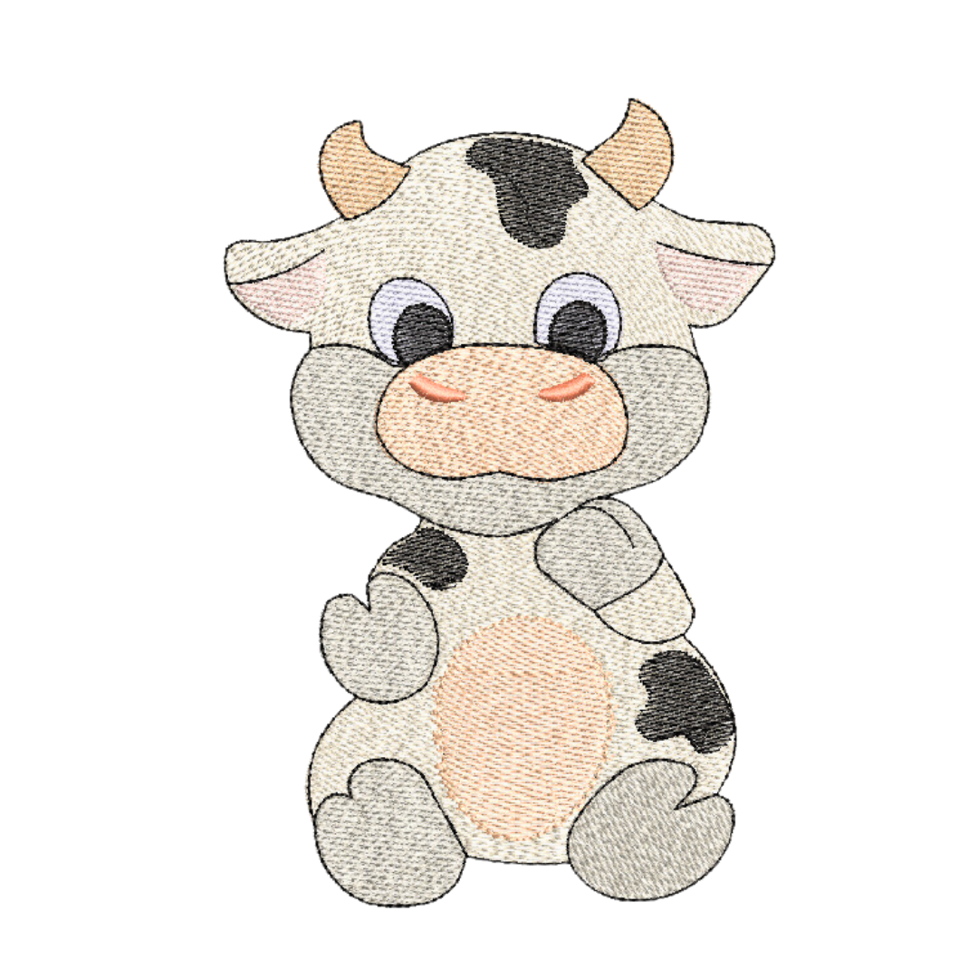 This is an image of a machine embroidery design featuring a cute cow that is fitting for kitchen towels, tea towels, aprons, and more. This white and grey cow with detailos in pastel shades of pink can be incorporated in any kitchen color scheme and will make the perfect bridal shower gift sets.