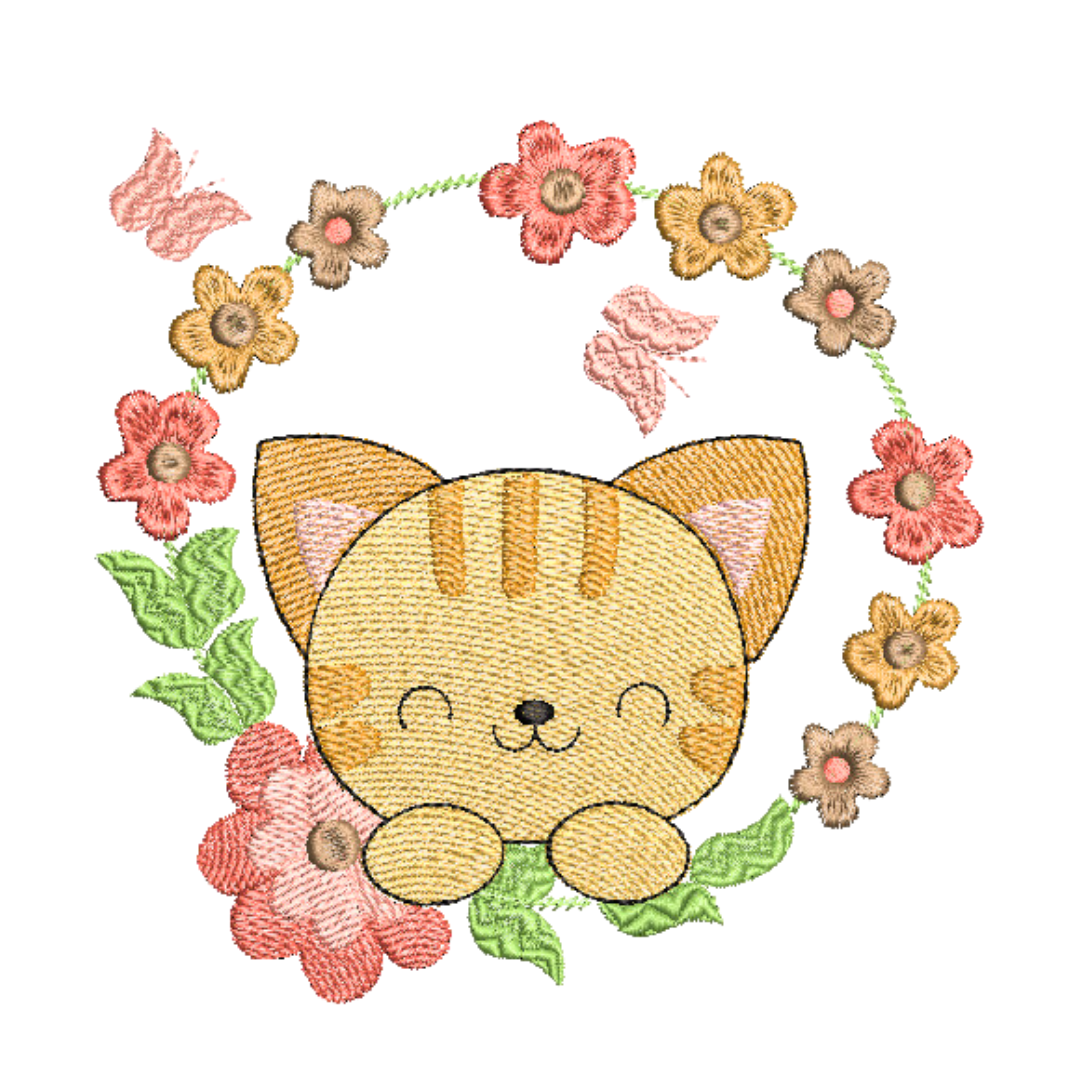 This is an image of a machine embroidery design featuring a cute ginger cat in a flower wreath. This adorable cat machine embroidery design with it's coral and brown colors is perfect for embroidery on baby and girl's t-shirts, onesies, bags, and accessories. 