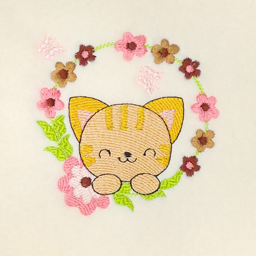 Cute Cat In Flower Wreath Machine Embroidery Design