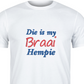 This is a mock-up image of a machine embroidery design featuring an Afrikaans Quote: "Die Is My Braai Hempie." The Afrikaans Quote Machine embroidery design is perfect for embroidery on t-shirts for men and boys, and will make ideal gifts for Father's Day, Birthdays, and Christmas.