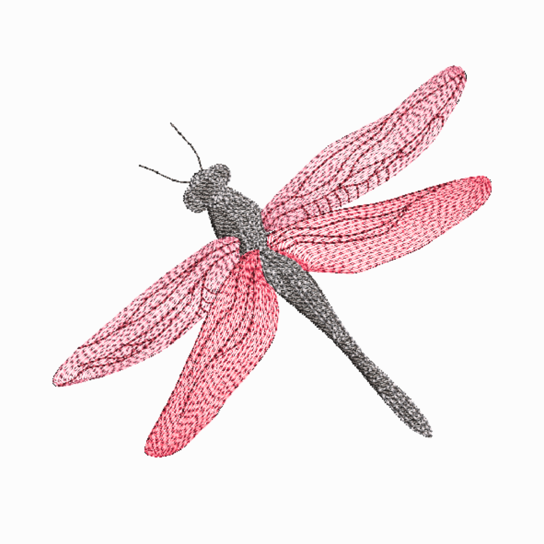 This is an image of a pink and purple dragonfly machine embroidery design. This dragonfly machine embroidery pattern is easy to make and is ideal for any project that needs a little sprucing up. Also add this dragonfly to brand-new creations like tote bags, tablecloths, denim pockets, and more.