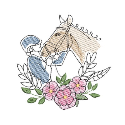 This is an equestrian-inspired machine embroidery design by Stitches & Strokes, featuring a horse and rider adorned with a garland of pink flowers.