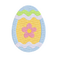 This is an image of an Easter egg in blue and yellow with a pink flower machine embroidery design. 