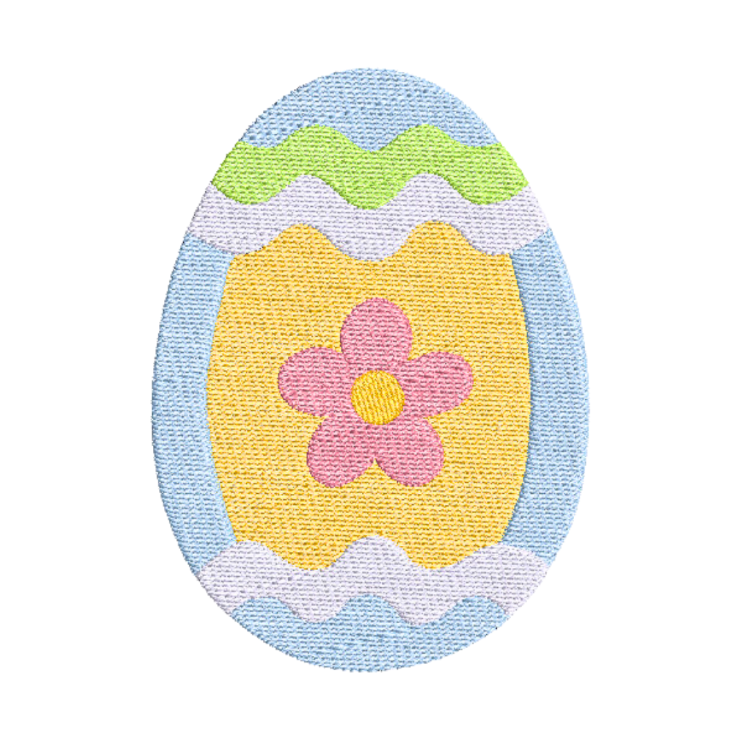 This is an image of an Easter egg in blue and yellow with a pink flower machine embroidery design. 