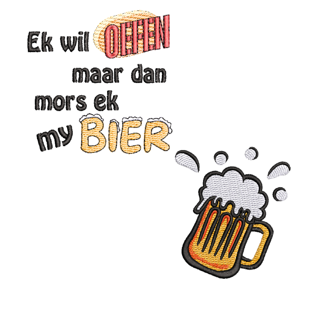 This image showcases a bundle of machine embroidery designs, including two distinct patterns that can be used together as a single design or individually. The featured Afrikaans quote, "Ek wil Oefen, maar dan mors ek my Bier," makes a perfect addition to t-shirts, aprons, and braai accessories, especially as gifts for men. Ideal for Father's Day, birthdays, and Christmas, these designs are a thoughtful choice for creating personalized presents.