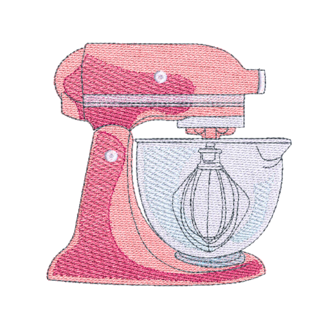 This is an image of a machine embroidery design by Stitches & Strokes, featuring a pink Kitchen Aid electric beater (mixer) for embroidery on aprons, tea towels, oven mittens, and more. This Kitchen Aid electric beater is the perfect machine embroidery design to embroider for mom or grandma on mother's day.