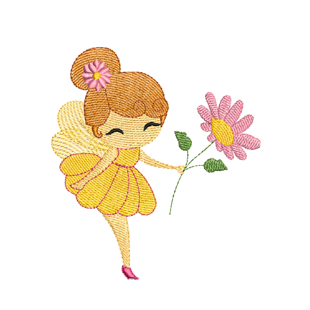 This is an image of a machine embroidery design featuring a red haired fairy in a yellow dress with raspberry pink detail. This fairy machine embroidery design is perfect for embroidery on girl's dresses, t-shirts, and accessories, and is available in four hoop sizes.