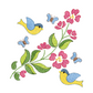 This is an image of a machine embroidery design (pattern) by Stitches & Strokes, featuring a pink flower spray with blue and yellow birds and blue butterflies. This Flower Spray with Birds Machine Embroidery Design is perfect for embroidery on tablecloths, tea towels, cushions, aprons, and more.