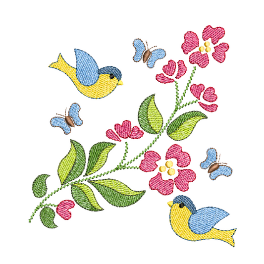 This is an image of a machine embroidery design (pattern) by Stitches & Strokes, featuring a pink flower spray with blue and yellow birds and blue butterflies. This Flower Spray with Birds Machine Embroidery Design is perfect for embroidery on tablecloths, tea towels, cushions, aprons, and more.