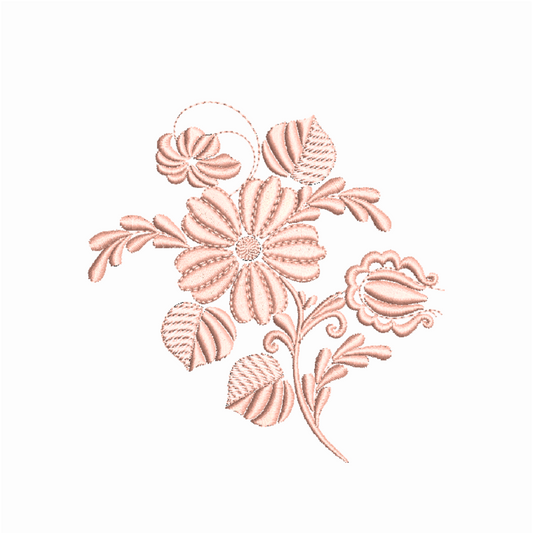 This is an image of a machine embroidery design featuring a detailed flower spray. This flower spray machine embroidery pattern is designed for embroidery on linen, tea towels, and bath towels. The flower spray design is perfect for guest rooms and as gifts for bridal showers, weddings, birthdays, and mother's day.