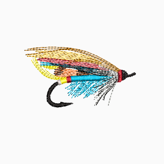 This is an image of a machine embroidery design (pattern) by Stitches & Strokes, featuring a colorful Fly Fishing Lure in blue, red and yellow. This Fly Fishing Lure Machine Embroidery Pattern is perfect for embroidery on clothing and accessories for fisherman who loves fly fishing. This Fly Fishing Lure embroidery design will make a great Father's Day Gift.