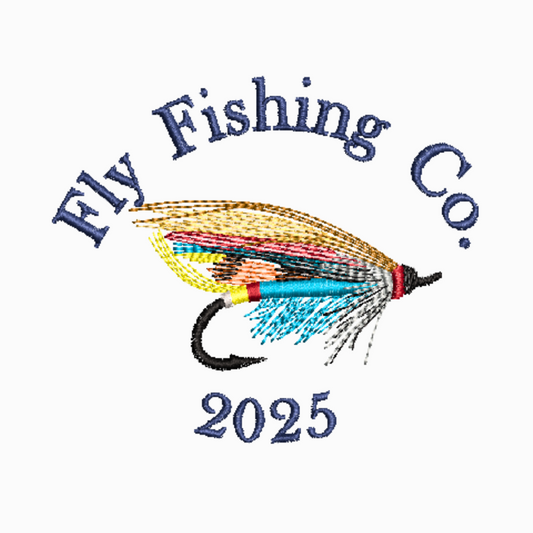 This is an image of a machine embroidery design (pattern) by Stitches & Strokes, featuring a colorful Fishing Lure in blue, red, and yellow, with the words: "Fly Fishing Co. 2025. This Fishing Lure Logo machine embroidery pattern is perfect for embroidery on clothes and accessories for men who loves fly fishing. This Fly Fishing machine embroidery design will make the perfect Father's Day Gift.