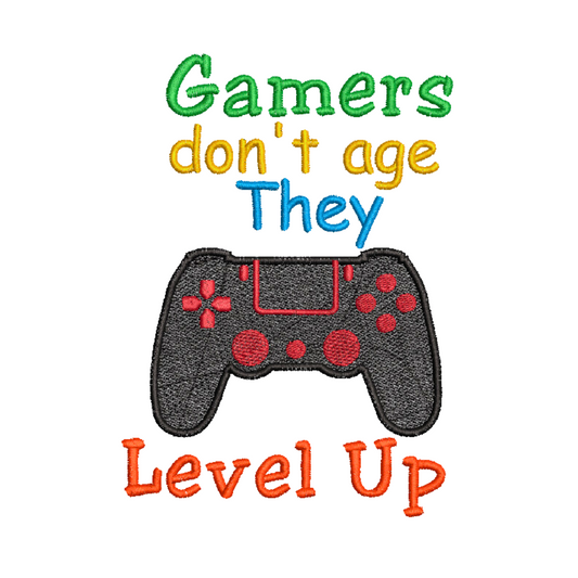 This is an image of a machine embroidery design by Stitches & Strokes, featuring a Gaming Console with the quote "Gamers don't age, They Level Up. This Gaming-themed machine embroidery design is perfect for embroidery on t-shirts for boys and men who love tv games.