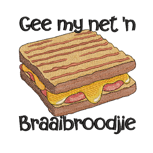 This is an image of a machine embroidery design by Stitches & Strokes, featuring a grilled cheese sandwich (in Afrikaans a "Braaibroodjie". This braaibroodjie machine embroidery design is perfect for embroidery as gifts for Father's Day on t-shirts, aprons, and braai accessories. 