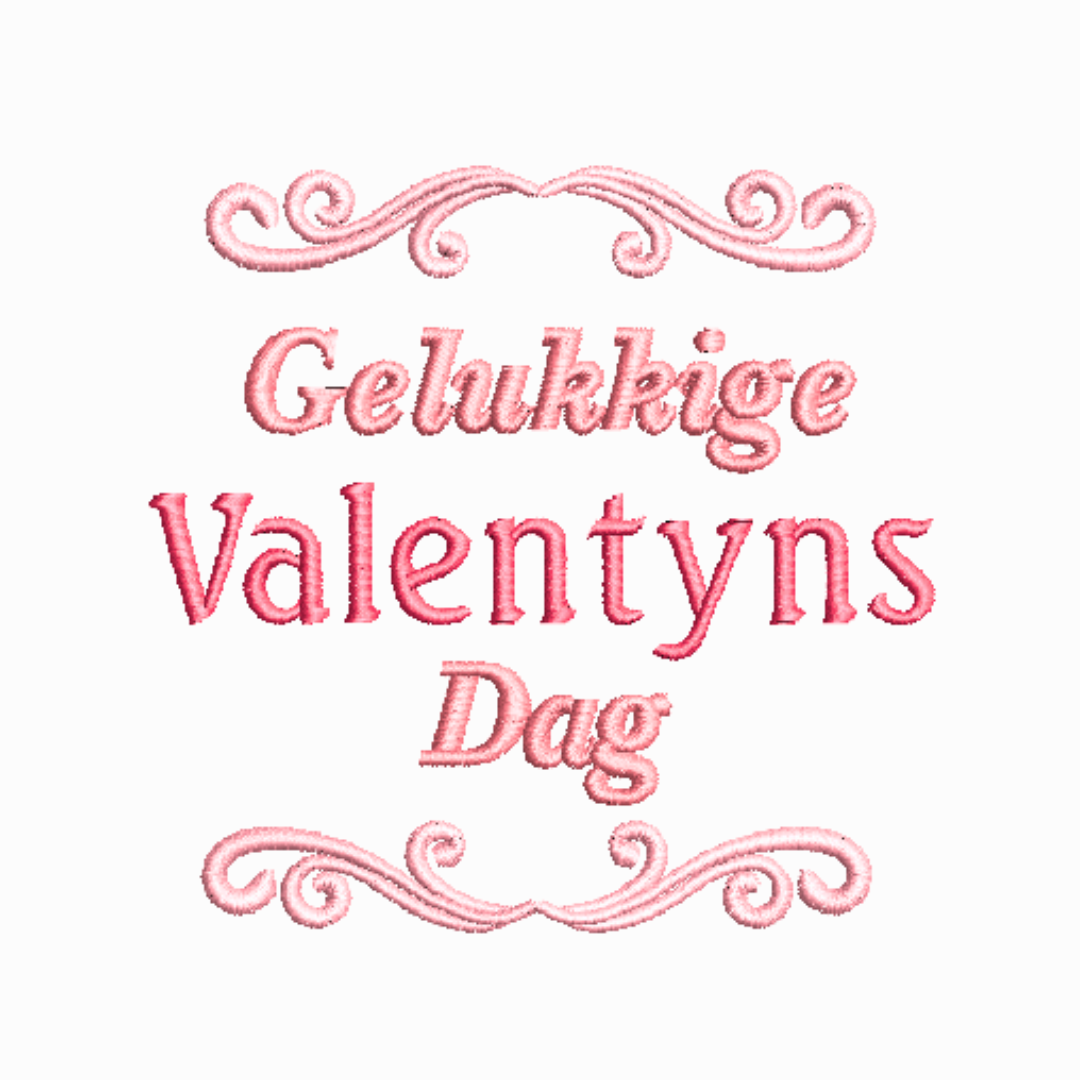 This is an image of a machine embroidery design featuring a "Gelukkige Valentynsdag" Afrikaans Quote that you can use to embroider on gifts for Valentine's Day.