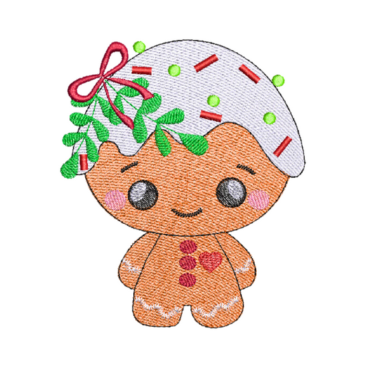 This is an image of a machine embroidery design by Stitches & Strokes, featuring a Gingerbread Christmas Cookie adorned with royal icing hair with sprinkles and mistletoe leaves and bow on its head. This Gingerbread Christmas Cookie Machine Embroidery Pattern is perfect for embroidery on Christmas Décor and Gifts like Aprons.