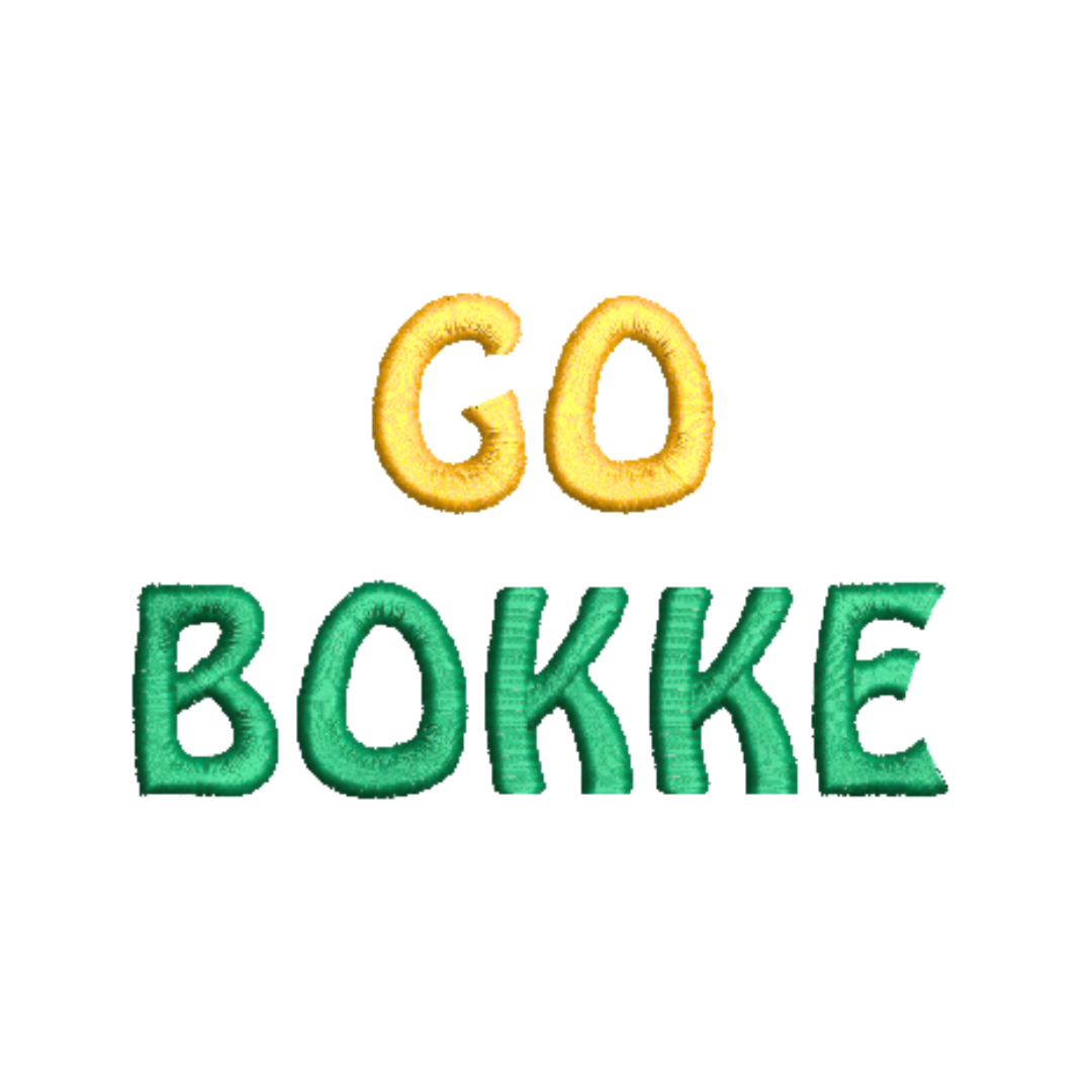 This is an image of a machine embroidery design by Stitches & Strokes, featuring a "Go Bokke" Afrikaans quote. This quote is especially popular during rugby season in south africa and is perfect for embroidery onto t-shirts and jackets for Bokke and rugby supporters.