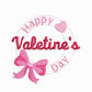 This is an image of a machine embroidery design featuring a circular stamp motif with a cute heart and pink bow with the quote "Happy Valentine's Day.