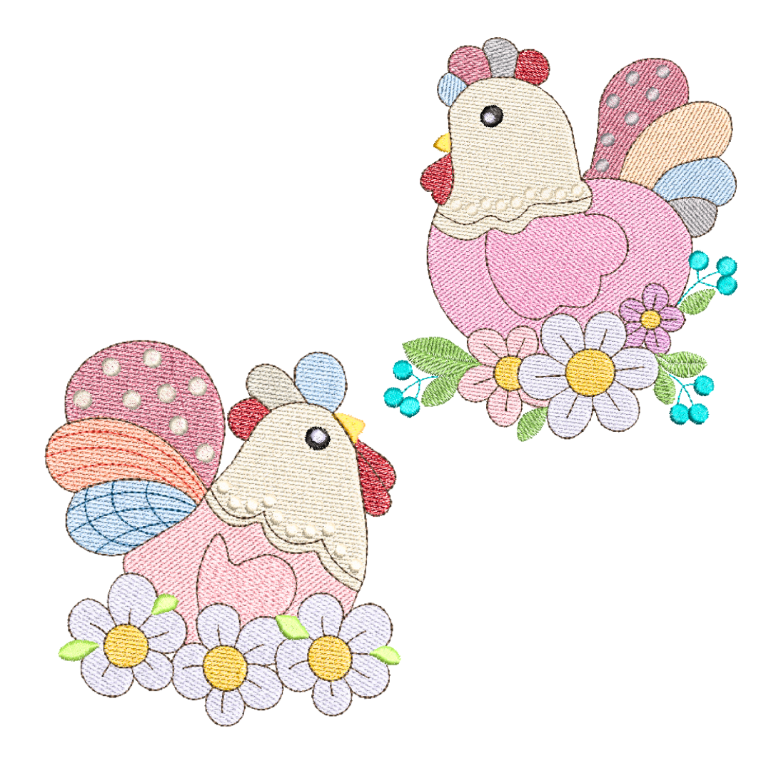 This is an image of a chicken inspired machine embroidery design bundle by Stitches & Strokes, featuring two colorful hens on flower nests. These chicken machine embroidery designs are perfect for embroidering gift sets for bridal showers, birthdays, and more. Embroidery these hens with flower nests on aprons, trivets, table runners, and more.