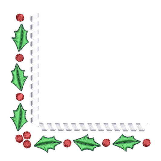 This is an image of a machine embroidery design by Stitches & Strokes, featuring a Holly Leaf Corner. This bright Christmas Holly Spray Corner pattern is perfect for embroidery on tea towels, tablecloths, and serviettes.