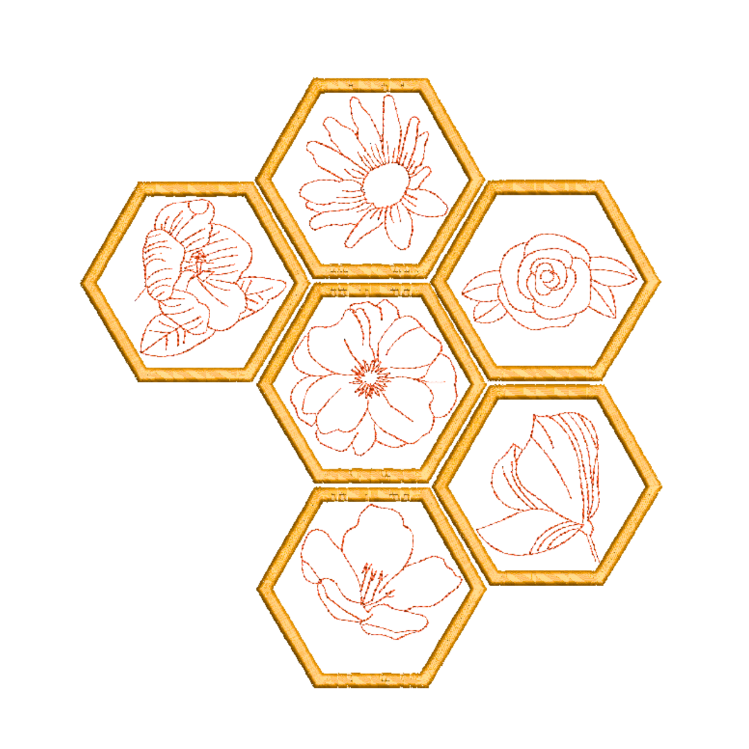 Honeycomb with Outline Flowers Machine Embroidery Design