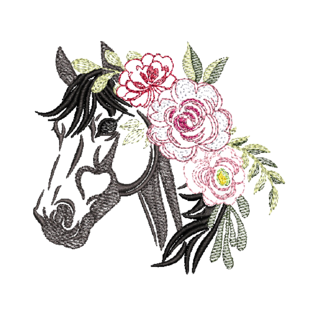 This is an image of a machine embroidery design by Stitches & Strokes, featuring a horse with flowers in its hair. This horse machine embroidery design is a modern design including Fill, Satin, and Running Stitches.