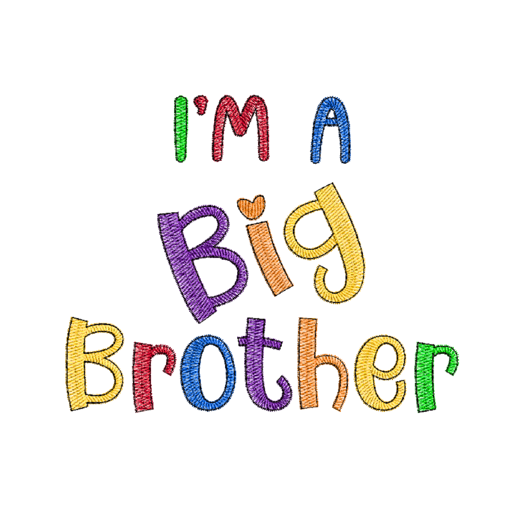 This is an image of a machine embroidery design (pattern) by stitches-strokes.com, featuring an "I'm a Big Brother" quote in bright primary colors. Embroider this fun and colorful Big Brother quote design on t-shirts for toddler boys to boast their new status as big brother. 