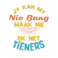 This is an image of a machine embroidery design by Stitches & Strokes, featuring a fun Afrikaans Quote: "Jy kan my nie bang maak nie, ek het Tieners." This Afrikaans quote can be embroidered on T-shirts, aprons, and accesories for moms with teens. 