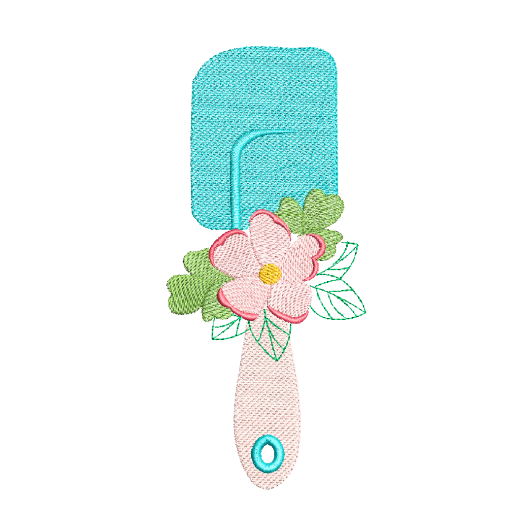 This is an image of a machine embroidery design by Stitches & Strokes, featuring a Kitchen Spatula with little flowers and leaves. This Kitchen Spatula machine embroidery pattern is ideal for crafting gifts such as aprons and dish towels for bridal showers and weddings.