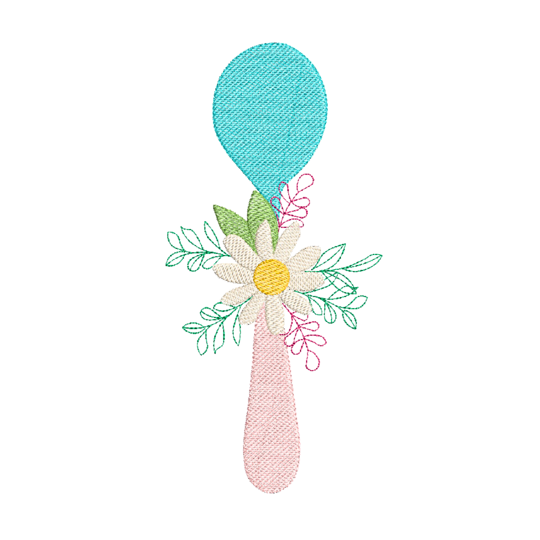 This is an image of a Machine 
Embroidery Design by Stitches & Strokes, featuring a Kitchen Spoon in blue and pink with a flower spray on the handle. This Kitchen Spoon Embroidery Pattern  is ideal for embroidery on gifts such as aprons, tea towels, and dish towels for weddings and bridal showers.