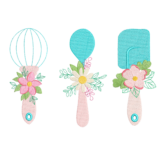 This is an image of a machine embroidery design bundle, consisting of 3 designs by Stitches & Strokes, featuring a Kitchen Whisk, Spoon, and Spatula. This Kitchen utensil machine embroidery pattern set is perfect for creating beautiful gifts like aprons, tea towels, and dish towels for a new bride's kitchen. 