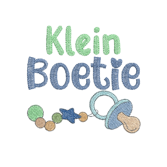 This is an image of a machine embroidery design for sale by Stitches & Strokes, featuring an Afrikaans Quote: "Klein Boetie" with a baby pacifier and clip. Embroider this Klein Boetie machine embroidery pattern on newborn baby onesies, burp cloths, blankets, and accessories like travel bags.